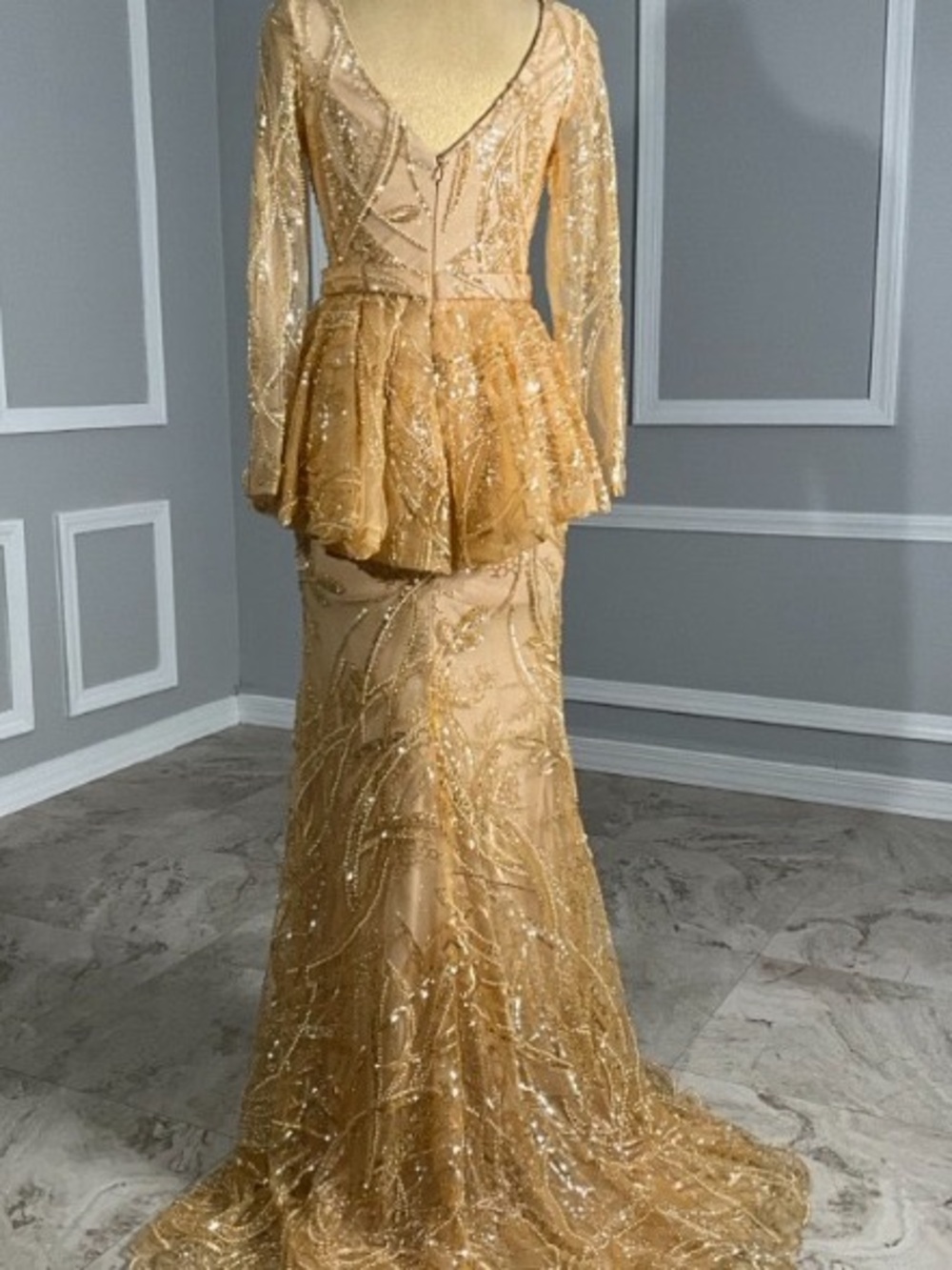 Elegant Gold Beaded Peplum Evening Dress